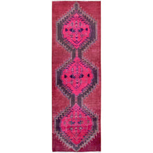 Load image into Gallery viewer, 2&#39;8&quot;x8&#39;3&quot; Hot Pink, Overdyed Vintage Persian Hamadan with Geometric Medallions Design, 100% Wool, Hand Knotted, Shaved Down, Sides and Ends Professionally Secured, Clean, Runner, Oriental Rug Sh647 FWR3882