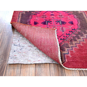 2'8"x8'3" Hot Pink, Overdyed Vintage Persian Hamadan with Geometric Medallions Design, 100% Wool, Hand Knotted, Shaved Down, Sides and Ends Professionally Secured, Clean, Runner, Oriental Rug Sh647 FWR3882