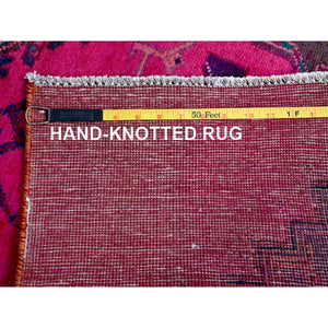 2'8"x8'3" Hot Pink, Overdyed Vintage Persian Hamadan with Geometric Medallions Design, 100% Wool, Hand Knotted, Shaved Down, Sides and Ends Professionally Secured, Clean, Runner, Oriental Rug Sh647 FWR3882