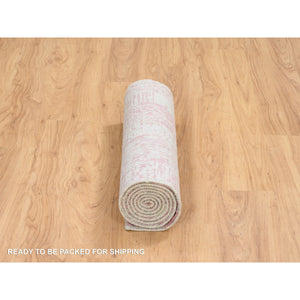 2'6"x8' Rose Pink, Jacquard Hand Loomed, All Over Design Wool And Art Silk, Runner Oriental Rug FWR388872