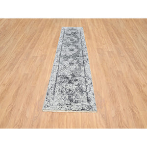 2'7"x12' Silver Gray, Hand Knotted, Erased Persian Design, Wool And Silk, Runner Oriental Rug FWR389004