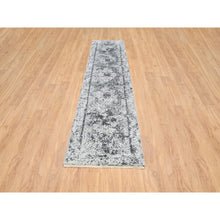 Load image into Gallery viewer, 2&#39;7&quot;x12&#39; Silver Gray, Hand Knotted, Erased Persian Design, Wool And Silk, Runner Oriental Rug FWR389004