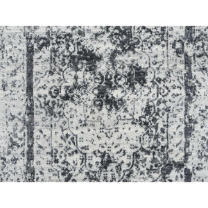 2'7"x12' Silver Gray, Hand Knotted, Erased Persian Design, Wool And Silk, Runner Oriental Rug FWR389004