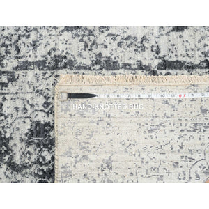 2'7"x12' Silver Gray, Hand Knotted, Erased Persian Design, Wool And Silk, Runner Oriental Rug FWR389004