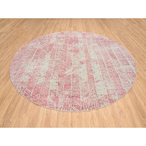 10'x10' Rose Pink, Wool And Art Silk Jacquard Hand Loomed, All Over Design, Round Oriental Rug FWR389052