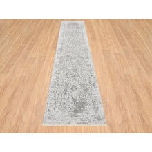 Load image into Gallery viewer, 2&#39;6&quot;x12&#39;1&quot; Gray, Wool And Pure Silk, Hand Knotted, Broken Persian Design, Runner Oriental Rug FWR389070