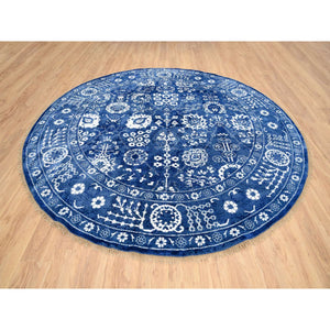 10'2"x10'2" Denim Blue, Tabriz With All Over Motifs Tone On Tone, Wool And Silk Hand Knotted, Round Oriental Rug FWR389082