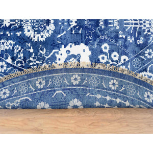 10'2"x10'2" Denim Blue, Tabriz With All Over Motifs Tone On Tone, Wool And Silk Hand Knotted, Round Oriental Rug FWR389082