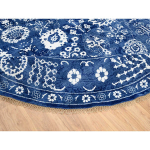 10'2"x10'2" Denim Blue, Tabriz With All Over Motifs Tone On Tone, Wool And Silk Hand Knotted, Round Oriental Rug FWR389082