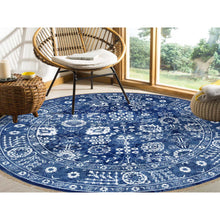 Load image into Gallery viewer, 8&#39;2&quot;x8&#39;2&quot; Denim Blue, Wool And Silk Hand Knotted, Tabriz With All Over Motifs Tone On Tone, Round Oriental Rug FWR389094