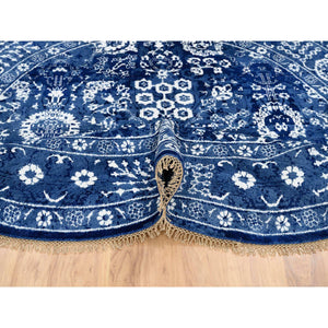 8'2"x8'2" Denim Blue, Wool And Silk Hand Knotted, Tabriz With All Over Motifs Tone On Tone, Round Oriental Rug FWR389094