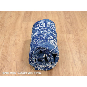 8'2"x8'2" Denim Blue, Wool And Silk Hand Knotted, Tabriz With All Over Motifs Tone On Tone, Round Oriental Rug FWR389094