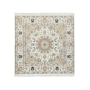 4'2"x4'2" Ivory, Hand Knotted, Nain with Center Medallion Flower Design, Wool, 250 KPSI, Square Oriental Rug FWR389178