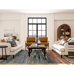 8'4"x9'10" Colorful, Modern Stripe Design, Natural Dyes Thick and Plush, Ghazni Wool Hand Knotted, Oriental Rug FWR389196