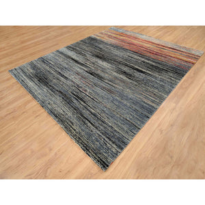 8'4"x9'10" Colorful, Modern Stripe Design, Natural Dyes Thick and Plush, Ghazni Wool Hand Knotted, Oriental Rug FWR389196
