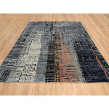 Load image into Gallery viewer, 8&#39;x10&#39; Black and Gray, Ghazni Wool and Silk Modern Colorful Stripe Design, Hand Knotted, Oriental Rug FWR389202