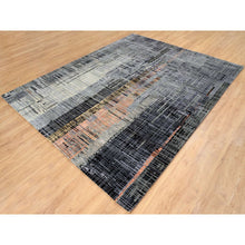Load image into Gallery viewer, 8&#39;x10&#39; Black and Gray, Ghazni Wool and Silk Modern Colorful Stripe Design, Hand Knotted, Oriental Rug FWR389202