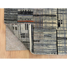 Load image into Gallery viewer, 8&#39;x10&#39; Black And Gray, Ghazni Wool And Silk Modern Colorful Stripe Design, Hand Knotted, Oriental Rug FWR389202