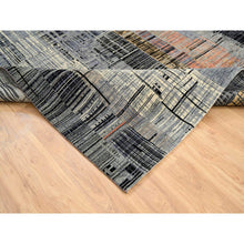 Load image into Gallery viewer, 8&#39;x10&#39; Black and Gray, Ghazni Wool and Silk Modern Colorful Stripe Design, Hand Knotted, Oriental Rug FWR389202