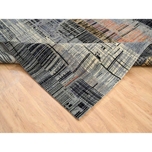 8'x10' Black and Gray, Ghazni Wool and Silk Modern Colorful Stripe Design, Hand Knotted, Oriental Rug FWR389202