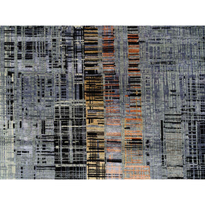 8'x10' Black and Gray, Ghazni Wool and Silk Modern Colorful Stripe Design, Hand Knotted, Oriental Rug FWR389202