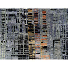 Load image into Gallery viewer, 8&#39;x10&#39; Black And Gray, Ghazni Wool And Silk Modern Colorful Stripe Design, Hand Knotted, Oriental Rug FWR389202