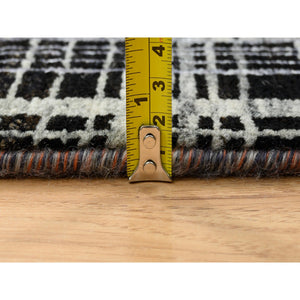 8'x10' Black and Gray, Ghazni Wool and Silk Modern Colorful Stripe Design, Hand Knotted, Oriental Rug FWR389202