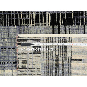 8'x10' Black and Gray, Ghazni Wool and Silk Modern Colorful Stripe Design, Hand Knotted, Oriental Rug FWR389202