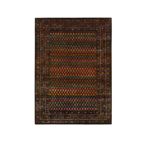4'x6' Black, Sarouk Mir Inspired With Repetitive Boteh Design, Wool and Sari Silk Hand Knotted, Oriental Rug FWR389268