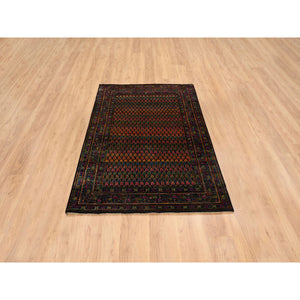 4'x6' Black, Sarouk Mir Inspired With Repetitive Boteh Design, Wool and Sari Silk Hand Knotted, Oriental Rug FWR389268
