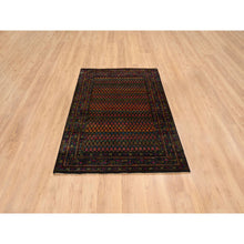 Load image into Gallery viewer, 4&#39;x6&#39; Black, Sarouk Mir Inspired With Repetitive Boteh Design, Wool And Sari Silk Hand Knotted, Oriental Rug FWR389268