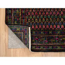 Load image into Gallery viewer, 4&#39;x6&#39; Black, Sarouk Mir Inspired With Repetitive Boteh Design, Wool and Sari Silk Hand Knotted, Oriental Rug FWR389268