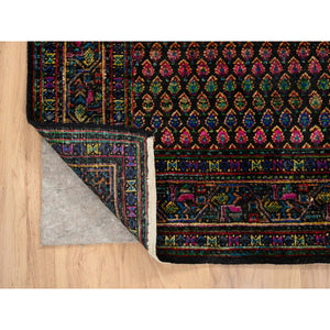 4'x6' Black, Sarouk Mir Inspired With Repetitive Boteh Design, Wool and Sari Silk Hand Knotted, Oriental Rug FWR389268