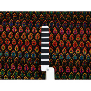 4'x6' Black, Sarouk Mir Inspired With Repetitive Boteh Design, Wool and Sari Silk Hand Knotted, Oriental Rug FWR389268
