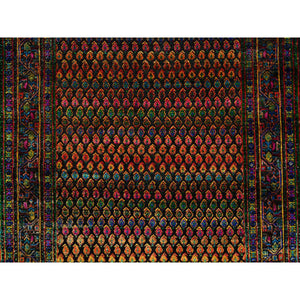 4'x6' Black, Sarouk Mir Inspired With Repetitive Boteh Design, Wool and Sari Silk Hand Knotted, Oriental Rug FWR389268