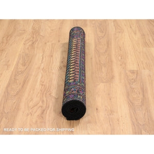 4'x6' Black, Sarouk Mir Inspired With Repetitive Boteh Design, Wool and Sari Silk Hand Knotted, Oriental Rug FWR389268