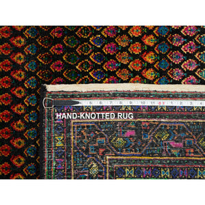 4'x6' Black, Sarouk Mir Inspired With Repetitive Boteh Design, Wool and Sari Silk Hand Knotted, Oriental Rug FWR389268