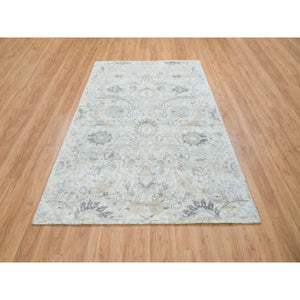 6'1"x9' Ivory, Silk With Textured Wool Hand Knotted, Sickle Leaf Design Soft Pile, Oriental Rug FWR389388