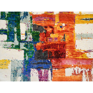 5'x5' Colorful, Modern Abstract Motifs with Painter's Brush Strokes, Wool and Sari Silk Hand Knotted, Round Oriental Rug FWR389436