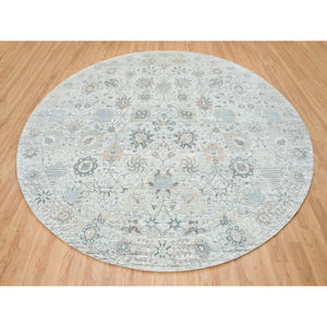 14'x14' Ivory, Tabriz Vase With Pomegranate Design, Silk With Textured Wool Hand Knotted, Round Oriental Rug FWR389466