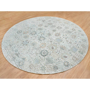 14'x14' Ivory, Tabriz Vase With Pomegranate Design, Silk With Textured Wool Hand Knotted, Round Oriental Rug FWR389466