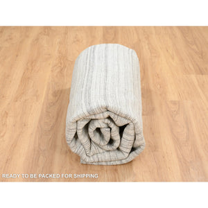 9'9"x9'9" Platinum Gray and Cream, Plain Hand Loomed Undyed Natural Wool, Modern Design Thick and Plush, Round Oriental Rug FWR389880