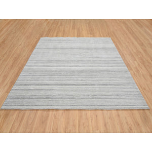 8'1"x8'1" Platinum Gray and Cream, Plain Hand Loomed Undyed Natural Wool, Modern Design Thick and Plush, Square Oriental Rug FWR389940