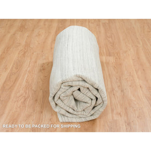 12'1"x12'1" Ivory and Cream, Undyed Natural Wool Modern Design, Thick and Plush Plain Hand Loomed, Square Oriental Rug FWR389964