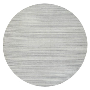 12'x12' Platinum Gray and Cream, Plain Hand Loomed Undyed Natural Wool, Modern Design Thick and Plush, Round Oriental Rug FWR389970