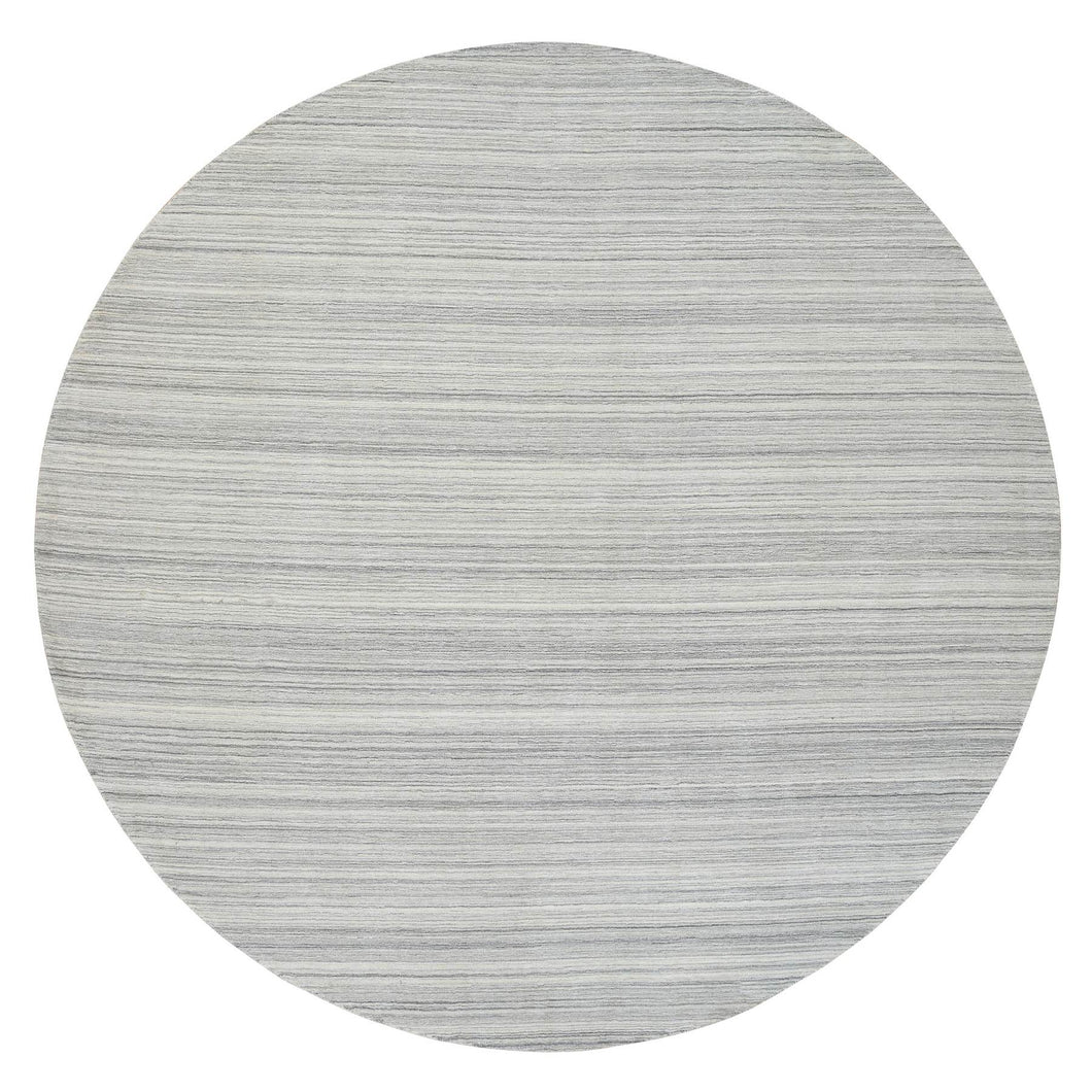 12'x12' Platinum Gray and Cream, Plain Hand Loomed Undyed Natural Wool, Modern Design Thick and Plush, Round Oriental Rug FWR389970