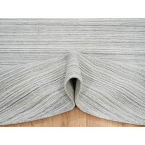 12'x12' Platinum Gray and Cream, Plain Hand Loomed Undyed Natural Wool, Modern Design Thick and Plush, Round Oriental Rug FWR389970