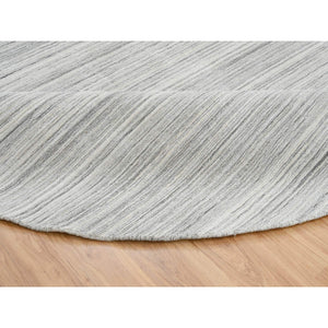 12'x12' Platinum Gray and Cream, Plain Hand Loomed Undyed Natural Wool, Modern Design Thick and Plush, Round Oriental Rug FWR389970