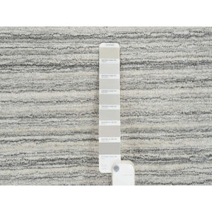 12'x12' Platinum Gray and Cream, Plain Hand Loomed Undyed Natural Wool, Modern Design Thick and Plush, Round Oriental Rug FWR389970