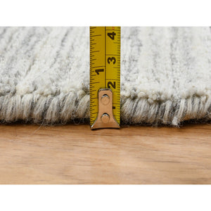 12'x12' Platinum Gray and Cream, Plain Hand Loomed Undyed Natural Wool, Modern Design Thick and Plush, Round Oriental Rug FWR389970